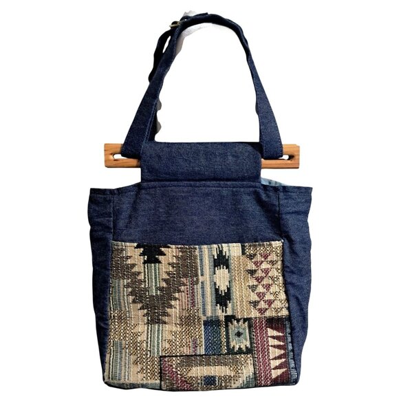 Handbags - Handcrafted Denim Tote Bag With Wooden Handles & Southwestern Patterned Pockets